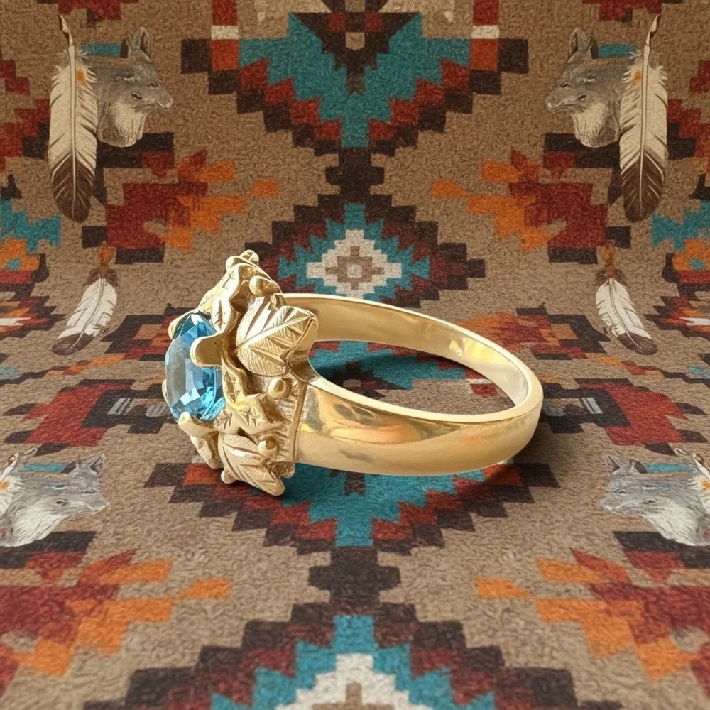 Vintage Blue Topaz-Style Leaf Ring - Women's black hills gold and stamped - Picture 2 of 5